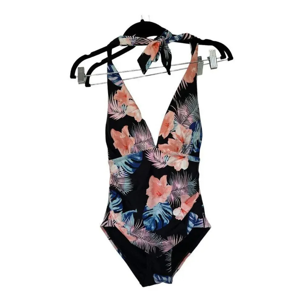 NEW DKNY Women’s Large Halter Shirred Tropical Black Coral Swimsuit NWT‎ - Picture 1 of 4
